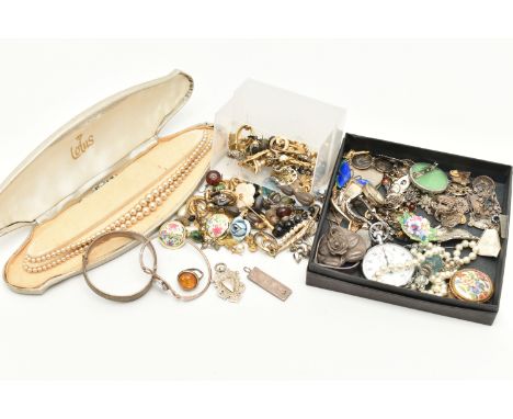 A BOX OF ASSORTED ITEMS, to include a quantity of silver and white metal to include a silver ingot pendant hallmarked Sheffie