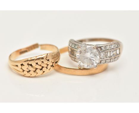 THREE RINGS, to include an AF 18ct gold worn woven ring, hallmarked 18ct split shank, approximate gross weight 3.5 grams, a 2
