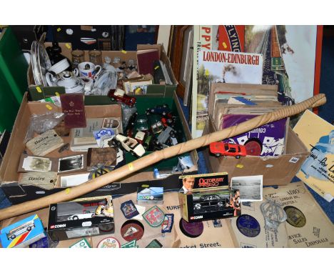 THREE BOXES AND LOOSE MISCELLANOUS, to include a carved wooden staff, three vintage metal train plaques, a box of old choir/b
