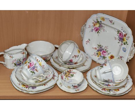 A GROUP OF ROYAL CROWN DERBY 'DERBY POSIES' PATTERN TEAWARE, pattern No. 9875, Reg.no. 758225, comprising a square cake plate