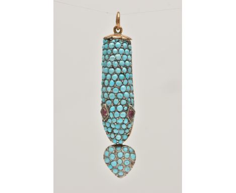 A TURQUOISE AND RUBY SNAKE PENDANT, snake head set with turquoise cabochon body and two circular cut ruby eyes, open mouth fi