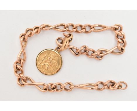 A 9CT GOLD BRACELET WITH CHARM, an AF figaro chain bracelet, rubbed 9ct gold Birmingham import hallmark, with lobster clasp (