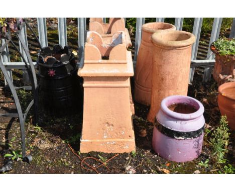 SIX VINTAGE CHIMNEY POTS including a pair of castellated square pots 70cm high, etc (6)