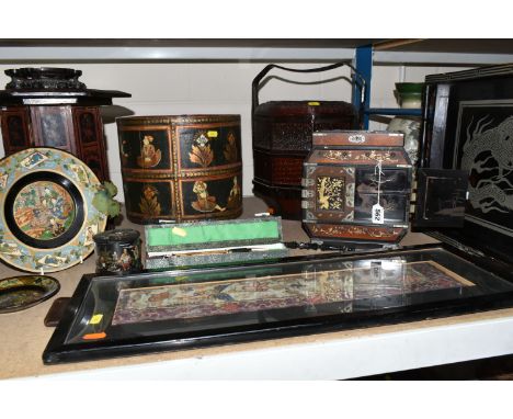 A COLLECTION OF ORIENTAL DECORATIVE ITEMS, to include, a frame tapestry, an antique Japanese jewellery box black lacquered wo