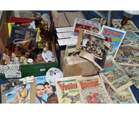 TWO BOXES AND LOOSE MISCELLANEOUS ITEMS, COMICS AND MAGAZINES to include an antique copy of David Copperfield, two vintage Ho