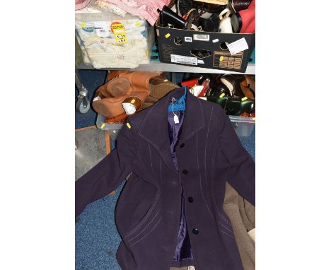 FOUR BOXES OF LADIES SHOES, COATS AND MISCELLANEOUS, to include Bhs wool blend camel colour 3//4 ladies coat, and a purple wo