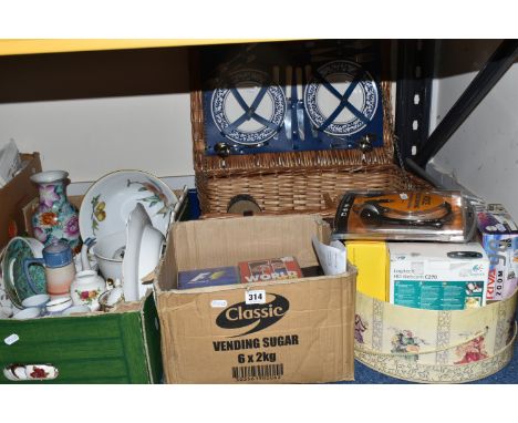 TWO BOXES AND LOOSE CERAMICS AND SUNDRIES, to include an 'Optima' picnic hamper with glasses, mugs, plates and cutlery for fo