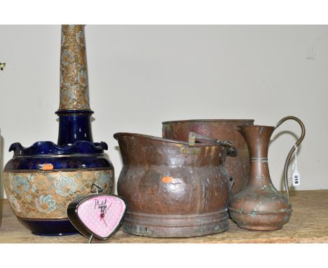 A GROUP OF COPPER VESSELS AND A ROYAL DOULTON JARDINIERE to include a blue glazed planter with a gilded floral patterns and a