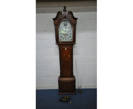 A GEORGIAN OAK EIGHT DAY LONGCASE CLOCK, the hood with twin swan neck pediments, flanking a brass finial, the arched glass do