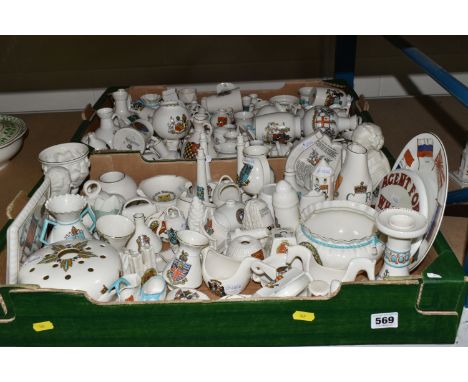 TWO BOXES OF W H GOSS CRESTED WARES, to include, Bruxelles rose bowl, The Melrose Cup, a square teapot stand, a shop window p