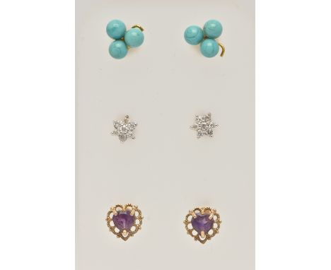 THREE PAIRS OF EARRINGS, to include a pair of amethyst heart shape studs, post and scroll fittings stamped 375, a pair of blu