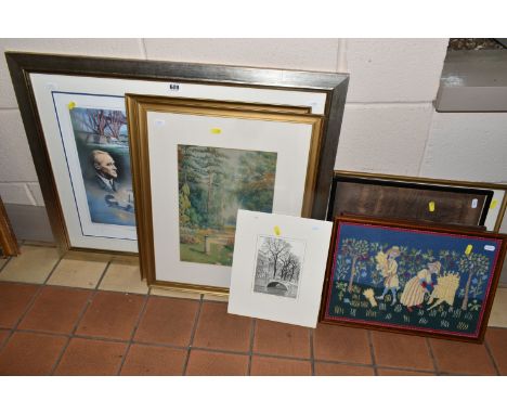 A SMALL QUANTITY OF PAINTINGS AND PRINTS, to include three watercolour garden landscapes, two are signed and dated J.D. Newha