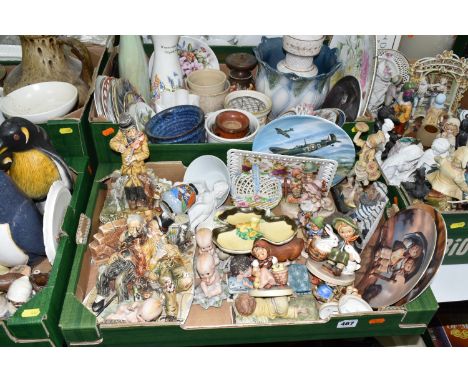 FIVE BOXES OF CERAMIC FIGURINES AND ORNAMENTS to include a group of W. Goebel figurines, two Naturecraft sculptures,  a ceram