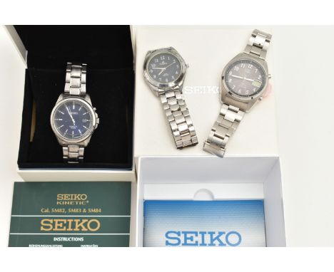 THREE GENTS WRISTWATCHES, to include a boxed 'Seiko Kinetic 100m' stainless steel watch, round blue dial, baton markers, date