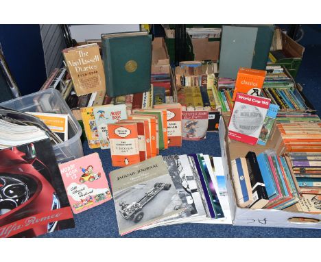 SIX BOXES OF BOOKS AND MAGAZINES ETC, to include vintage paperback thrillers, Penguin books, hardback fiction, Churchill and 