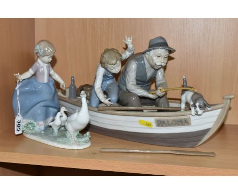 TWO LLADRO  FIGURE GROUPS, comprising  'Fishing with Gramps', No.5215 and  'Hurry Now' No.5503, depicting a young girl drivin
