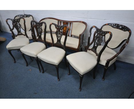 AN EDWARDIAN MAHOGANY AND INLAID SOFA, raised on front square tapered legs, and spade feet, width 126cm x depth 62cm x height