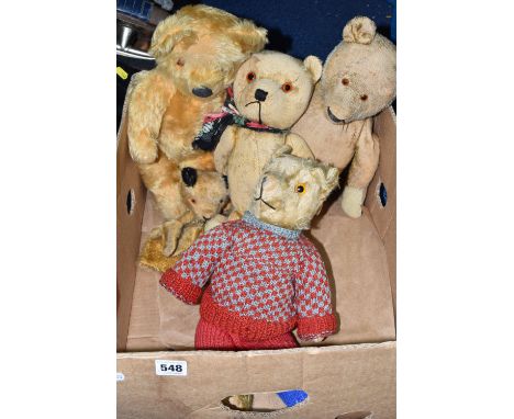 ONE BOX OF VINTAGE TEDDY BEARS, to include a well-loved straw filled early 20th century bear with glass eyes and articulated 