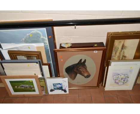 A QUANTITY OF PICTURES AND PRINTS ETC, to include two Mary Browning pastel portraits of horses, approximate sizes 48cm x 38cm