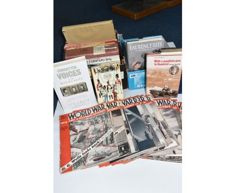 TWO BOXES OF MILITARY THEMED BOOKS AND MAGAZINES ETC, comprising 'Manchester City Battalions  Book of Honour', 'The Great Boe