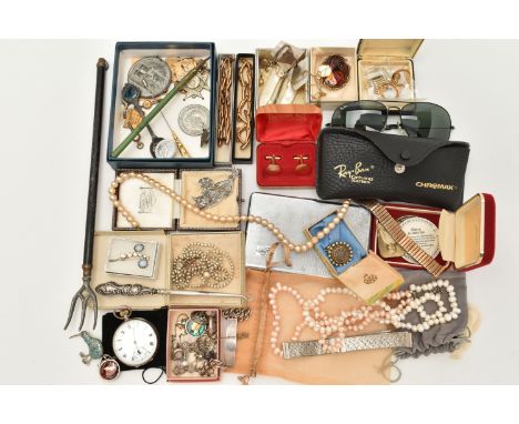 A BOX OF ASSORTED ITEMS, to include a silver open face, manual wind pocket watch, round white Roman numeral dial, subsidiary 