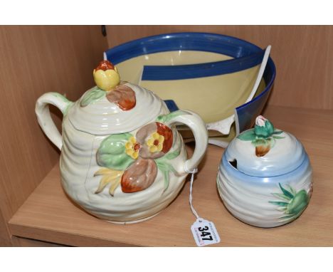 A GROUP OF CLARICE CLIFF CERAMICS, comprising Clarice Cliff for Newport Pottery biscuit barrel and preserve pot in the Waterl