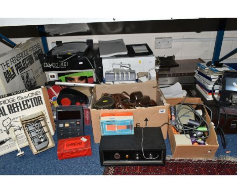 TWO BOXES AND LOOSE PHOTOGRAPHIC AND ELECTRICAL ITEMS, to include a boxed 'Daylab' 300 enlarger/processor, a boxed Panasonic 