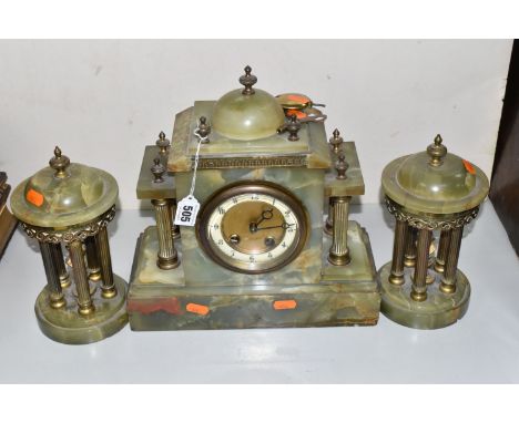 A GREEN ONYX CLOCK GARNITURE, Arabic numerals to the chapter ring, not running but does chime (3)