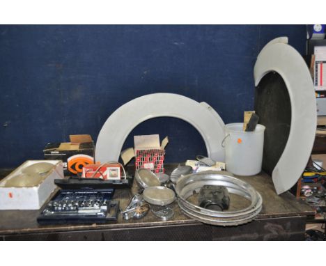 A SELECTION OF VINTAGE CAR PARTS AND TOOLS including a Halfords Imperial socket set, two wing covers, door catches, head ligh