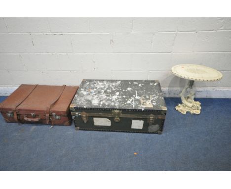 A GREEN TRAVELING TRUNK, width 91cm x depth 52cm x height 34cm, a leather suitcase, along with a cream Italian table, in the 