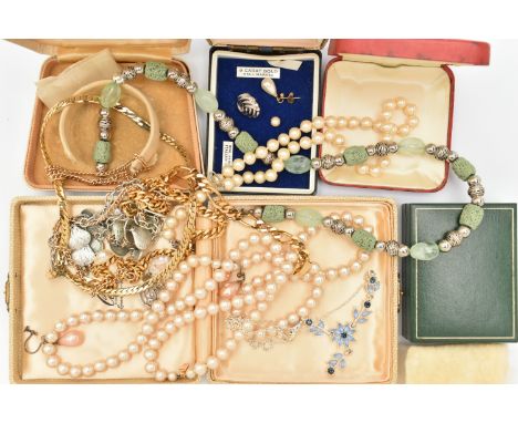 A BAG OF ASSORTED COSTUME JEWELLERY, to include a double strand 'Ciro' pearl necklace fitted with a yellow metal integrated b