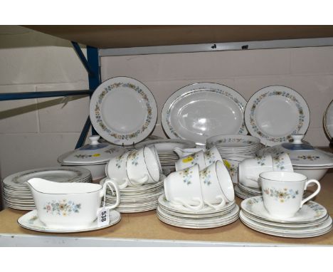 A ROYAL DOULTON 'PASTORALE' PATTERN DINNER SERVICE, comprising two covered tureens, eight dinner plates, three oval meat plat