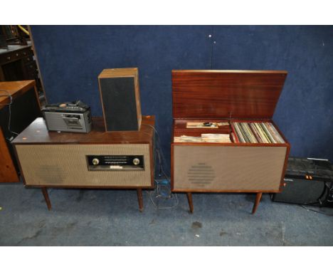 A VINTAGE BUSH RADIOGRAM,  a record cabinet containing LPs and single of mostly marching band music, a Hitachi portable radio