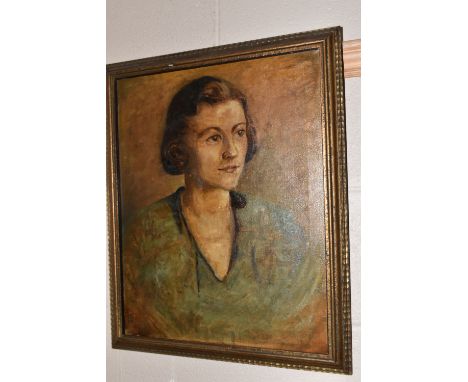 A PORTRAIT OF A YOUNG WOMAN, the head and shoulders portrait depicts her wearing a V-neck top, painted circa 1930's,  indisti