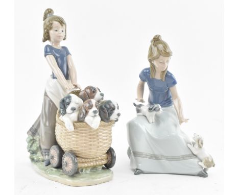 Lladro &amp; Nao Porcelain - two fine bone china figurines. The lot comprising Lladro Litter of Fun depicting a young girl pu
