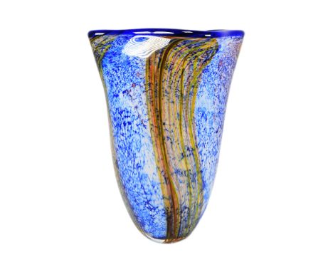 A mid-20th century studio art glass handkerchief vase. Blue, green and yellow colourway.&nbsp; 28cm tall.&nbsp;