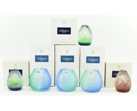 Caithness Glass - three limited edition glass paperweights by Colin Terris, along with three glass bud vases. The lot compris