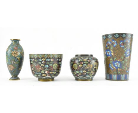 A group of four Qing dynasty/Republic period cloisonne pieces. The lot comprising one Qing dynasty tumbler decorated with flo