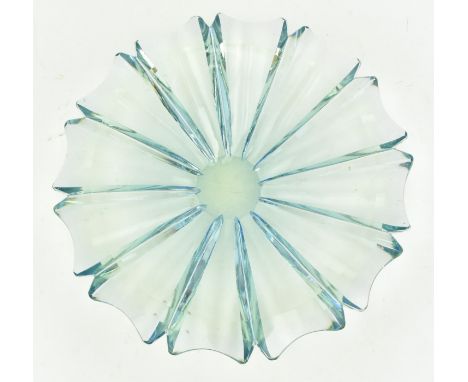A mid century heavy studio art glass centrepiece bowl in ice blue. The centrepiece with lobed design &amp; petal shaped rim. 