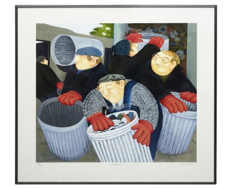 Beryl Cook (British, 1926-2008) 'Dustbinmen' a signed limited edition silkscreen, signed in pencil by artist bottom right, nu