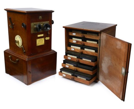 Richard Freres mahogany cased 'Le Taxiphote' table stereoscope viewer retailed by Negretti & Zambra c.1910raised on plinth ba