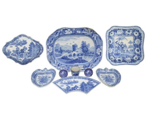 A collection of early 19th century blue and white transfer decorated pearlware comprising a Spode Bridge of Lucano pattern se