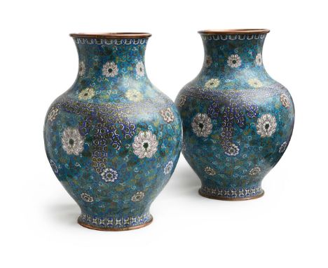 A large and impressive pair of Chinese cloisonne 'lotus and ribbon' vaseslate 18th / early 19th centuryof squat baluster form