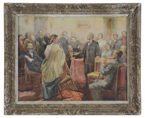 Russian School (20th century) 'Lenin Addressing a Meeting of Scholars' watercolour on paper, reverse; Modovsky Lenin 1958, ot