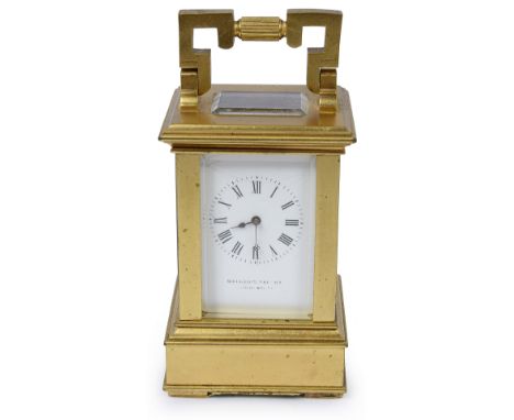 A late 19th century French miniature carriage timepiecewhite enamel dial with enamel with black Roman numerals, minute track 