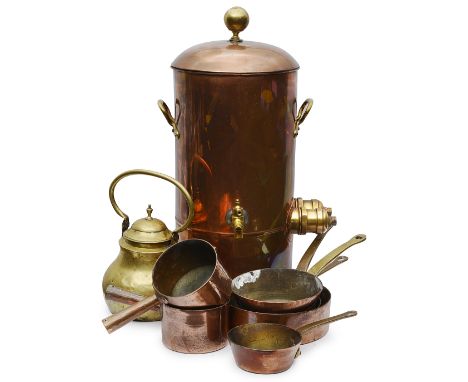 Kitchenalia. A varied collection of copper saucepans and a large copper hot water urncomprising a graduated set of three sauc