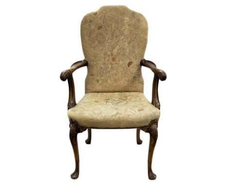 A George II style walnut armchair with tapestry upholsterylate 19th / early 20th centuryshaped upholstered back and seat, cov