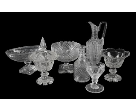 A collection of 19th century glasscomprising a late Victorian claret jug cut  with diamond panels, a rummer with ogee bowl en