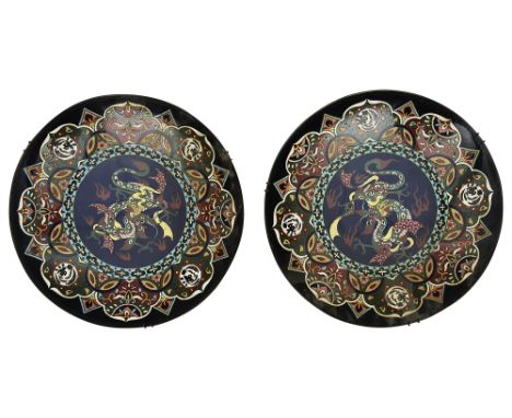 A pair of Japanese Meiji period cloisonne enamel dishes late 19th centuryeach with central reserve depicting a a three clawed