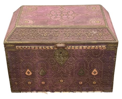 A large Spanish studded trunkrectangular exterior covered in deep purple calico, embellished with intricate stud work in geom
